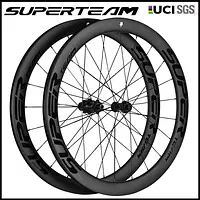 SUPERTEAM Carbon Fiber Road Wheelset 700C Disc Brake 50mm Tubeless Clincher Bike Wheels 6-Pawl Hub Compatible with HG/XDR
