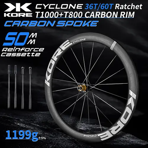 KORE Carbon Spoke Wheelset-50mm-T1000 Carbon Rims 36T/60T Ratchet Hub XDR/HG 700C Design for Ultra-Light Road Racing Performance