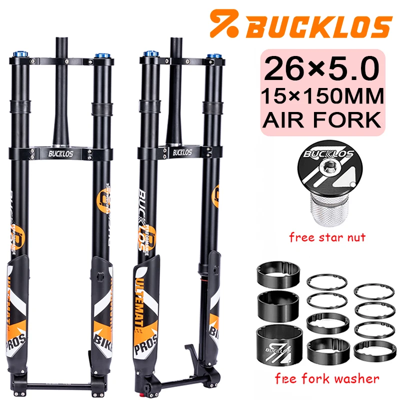 BUCKLOS 26*5.0 Bicycle Inverted Fork Air Suspension 26in E-Bike Fork 15*150mm 5.0 Tire Snow Beach Bike Forks DH Forks