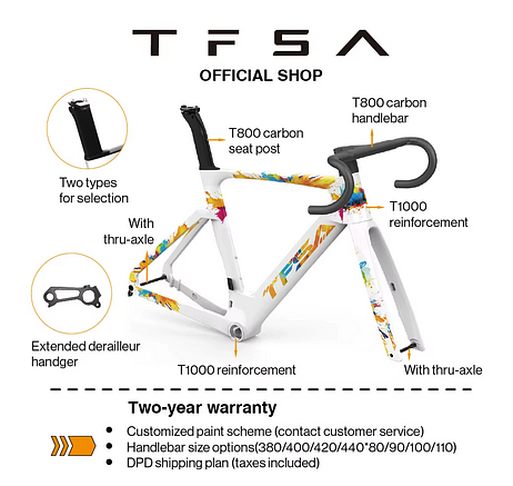 TFSA JH-10 Aero Design Disc Brake Road Bike Frame Aerodynamic High Speed Carbon Fiber Bicylce Frameset With Bicycle Handlebar