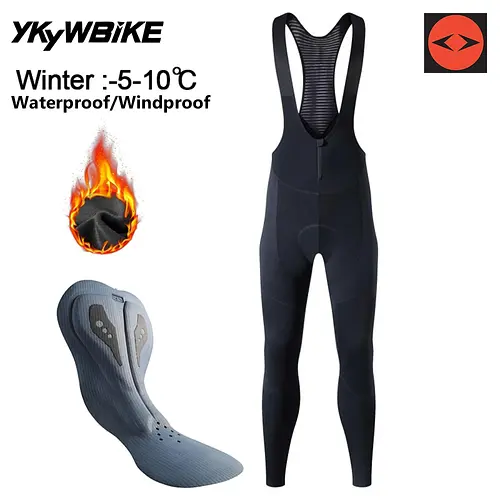 Ykywbike Men's Winter Thermal Fleece Cycling Bib Tights Mountain Bike Ykk Zipper Pro Team Gel Padded Mtb Cycling Long Pants