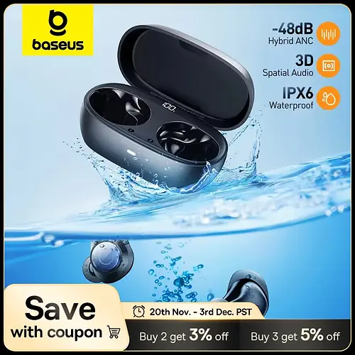 Baseus Bowie MA10 Pro ANC Wireless Earphones 48dB Hybrid ANC Bluetooth 5.3 Earbuds IPX6 Waterproof 4-Mics ENC Sports Headphones