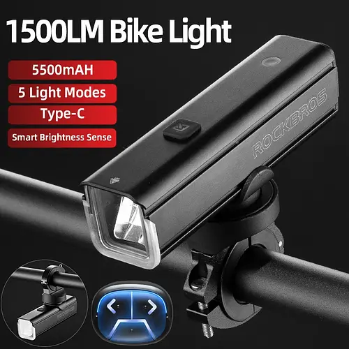 ROCKBROS 1500LM Bike Light 5500mAH Smart Sense Bicycle Front Light Aluminum MTB Road LED Lamp Headlight Cycling Flash Light